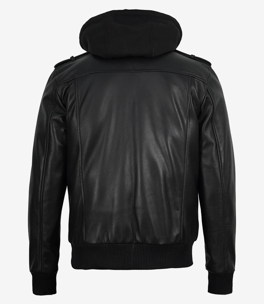 Mens Classic Black Bomber Leather Jacket with Hood