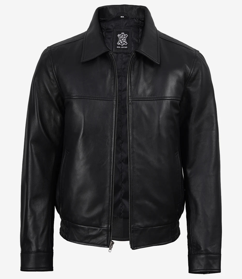 Black Classic Shirt Collar Leather Bomber Jacket for Men