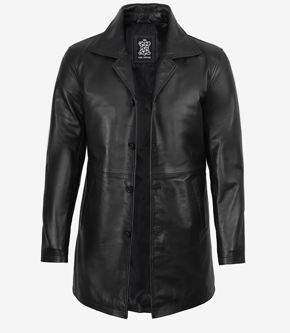 Manteau 3/4 en cuir d'agneau noir pour homme