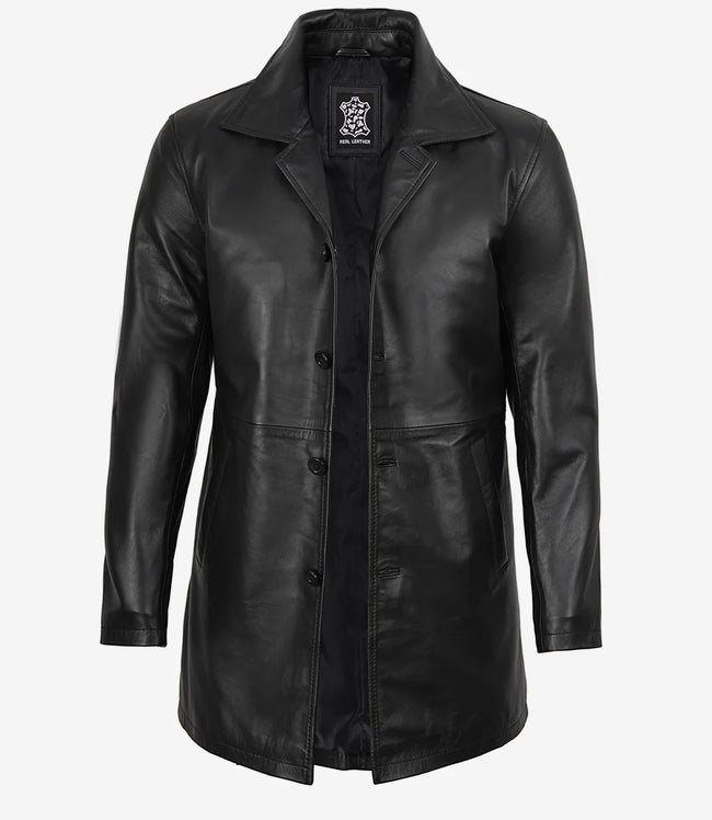 Manteau 3/4 en cuir d'agneau noir pour homme