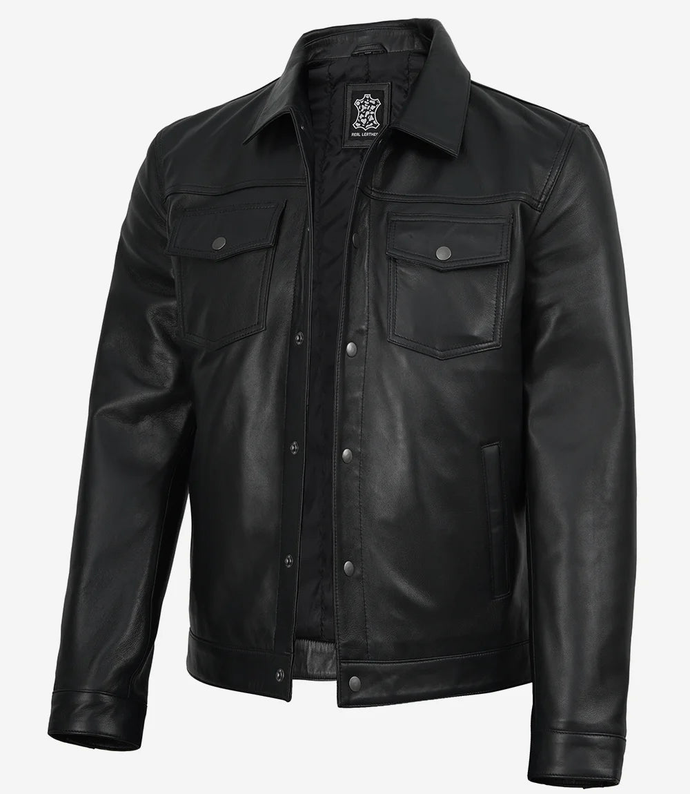 Men’s Premium Black Leather Shirt Jacket | Snap-Button Front