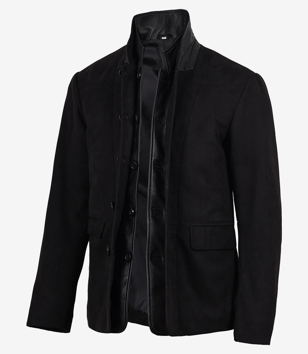 Men's Black Faux Suede Double-Layered Blazer with Leather Placket