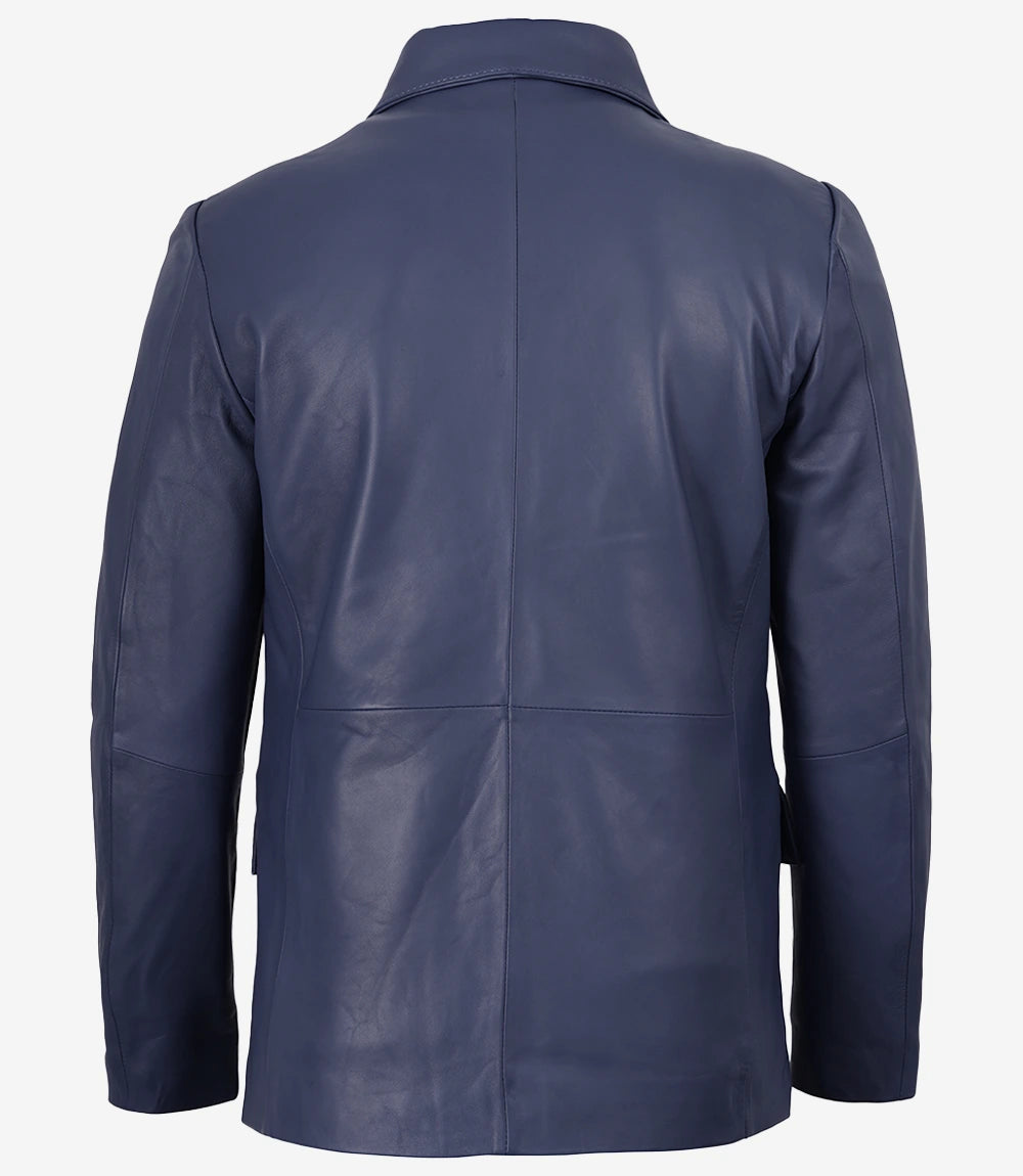 Men's Blue Leather Two-Button Closure Blazer Jacket