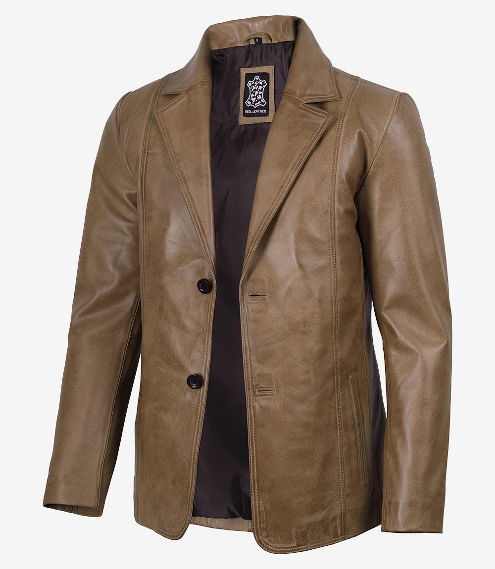 Men's Two-Button Camel Waxed Leather Blazer Jacket