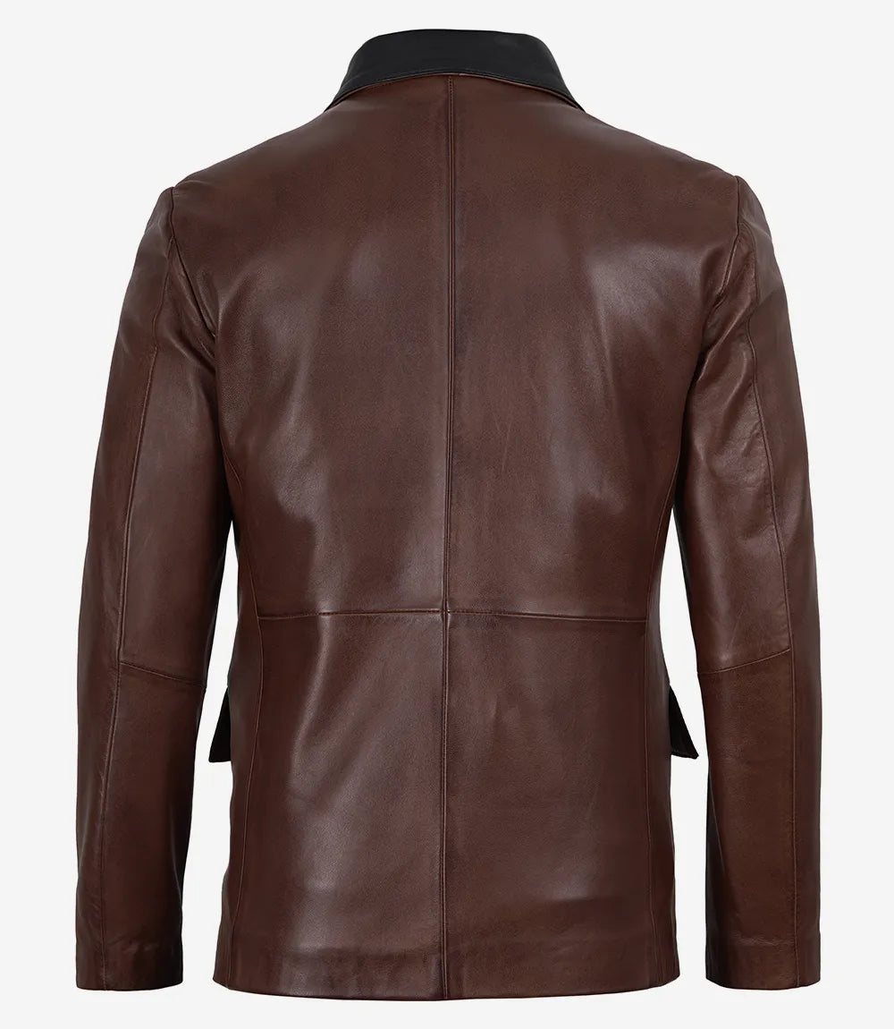 Men's Cognac Waxed Leather Blazer with Contrast Black Lapels
