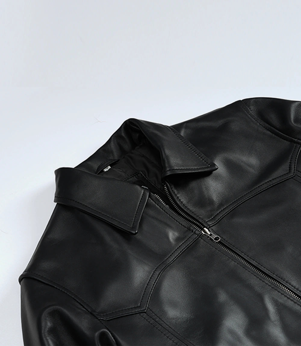Men’s Premium Black Leather Bomber Jacket – Classic Shirt Collar
