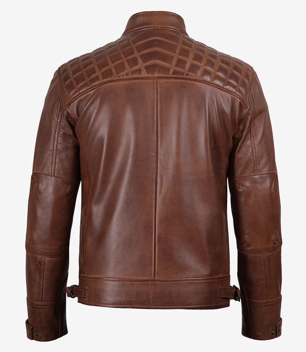 Veste en cuir matelassée style motard marron cognac pour homme