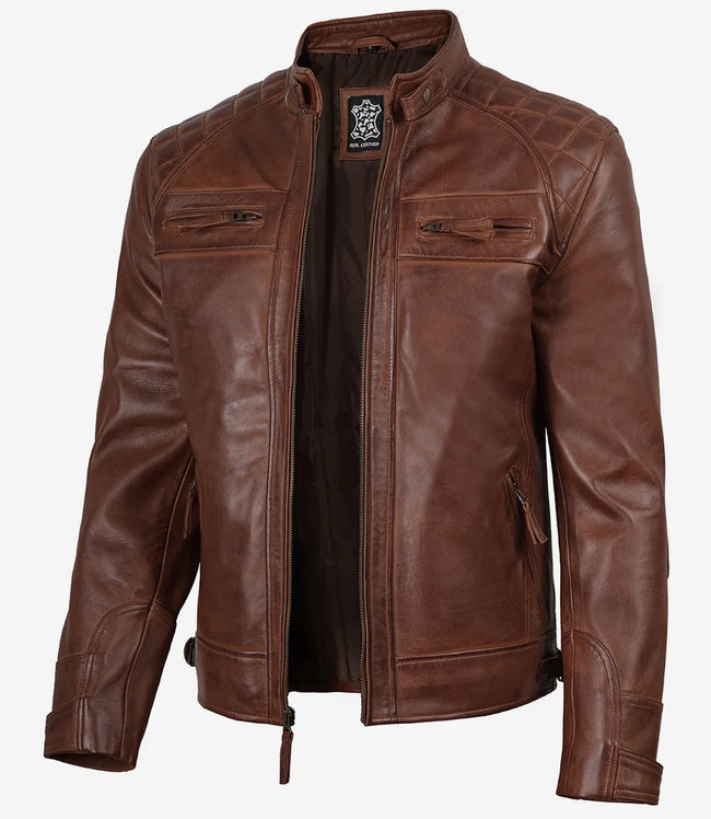 Veste en cuir matelassée style motard marron cognac pour homme