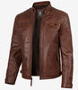 Veste en cuir matelassée style motard marron cognac pour homme