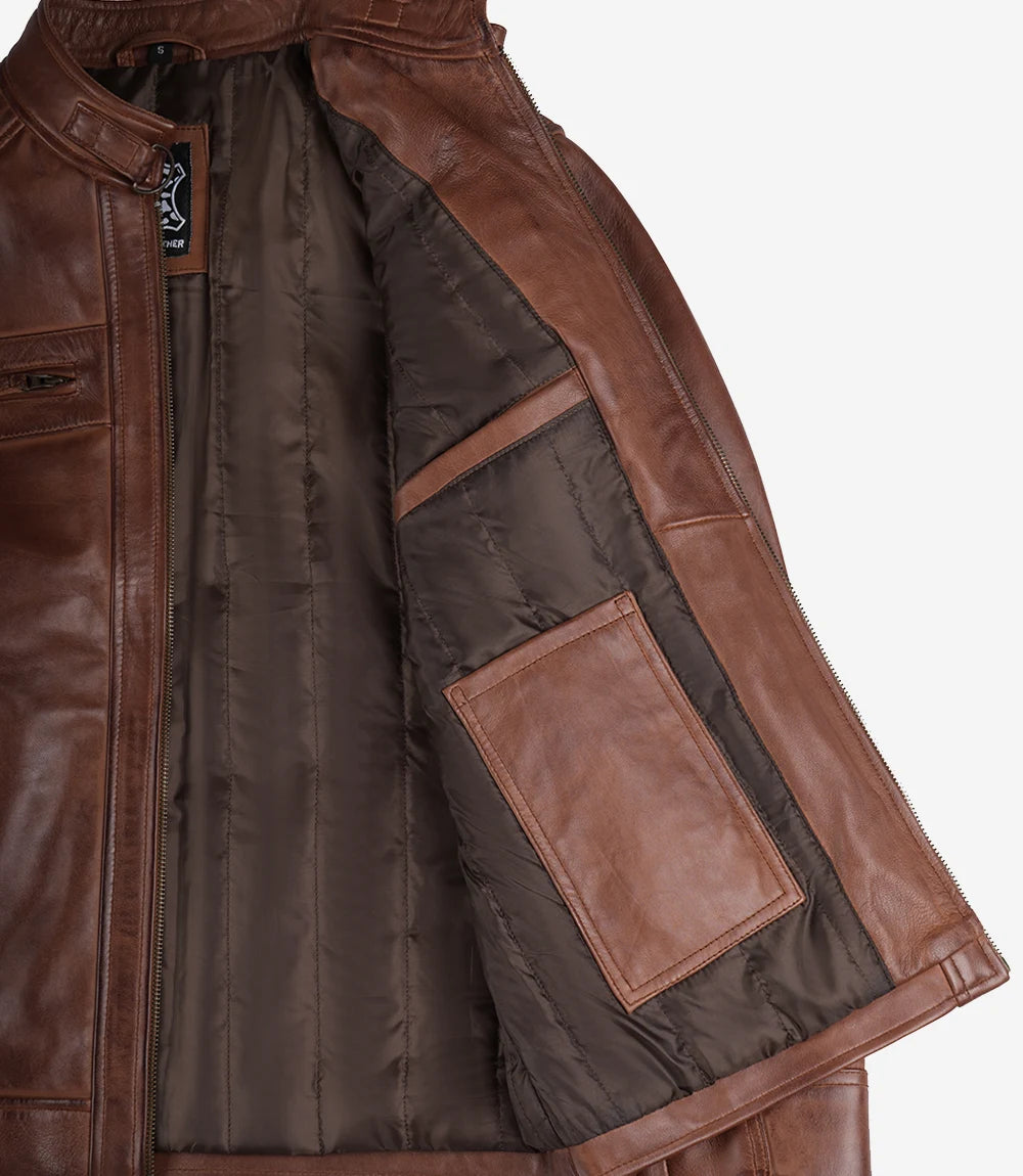 Veste en cuir matelassée style motard marron cognac pour homme