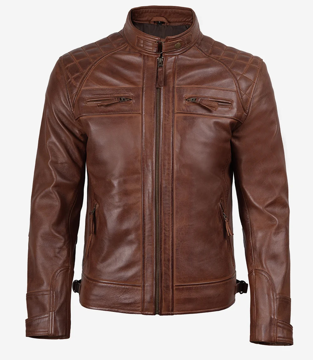 Veste en cuir matelassée style motard marron cognac pour homme