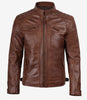 Veste en cuir matelassée style motard marron cognac pour homme