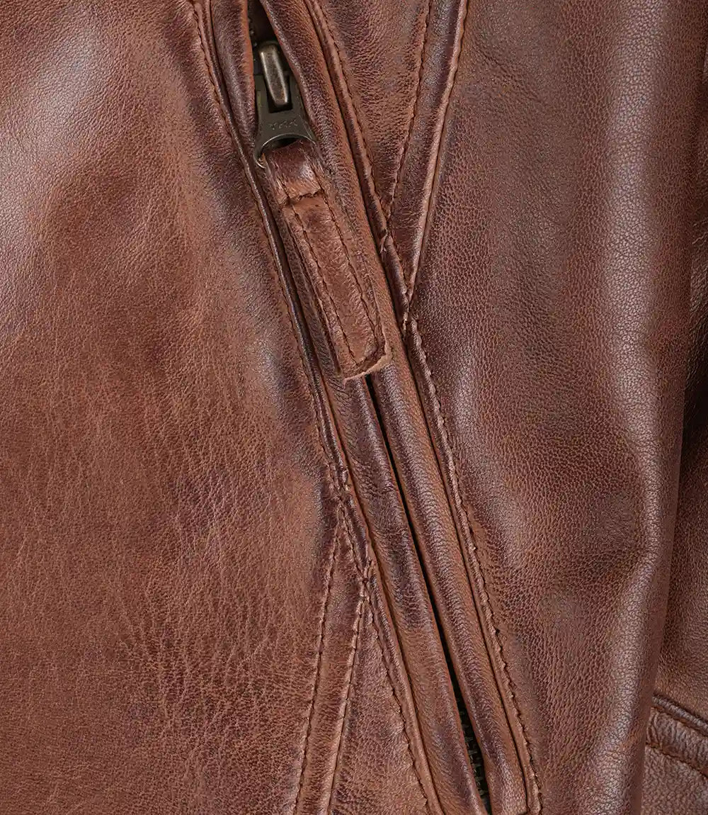 Veste en cuir matelassée style motard marron cognac pour homme