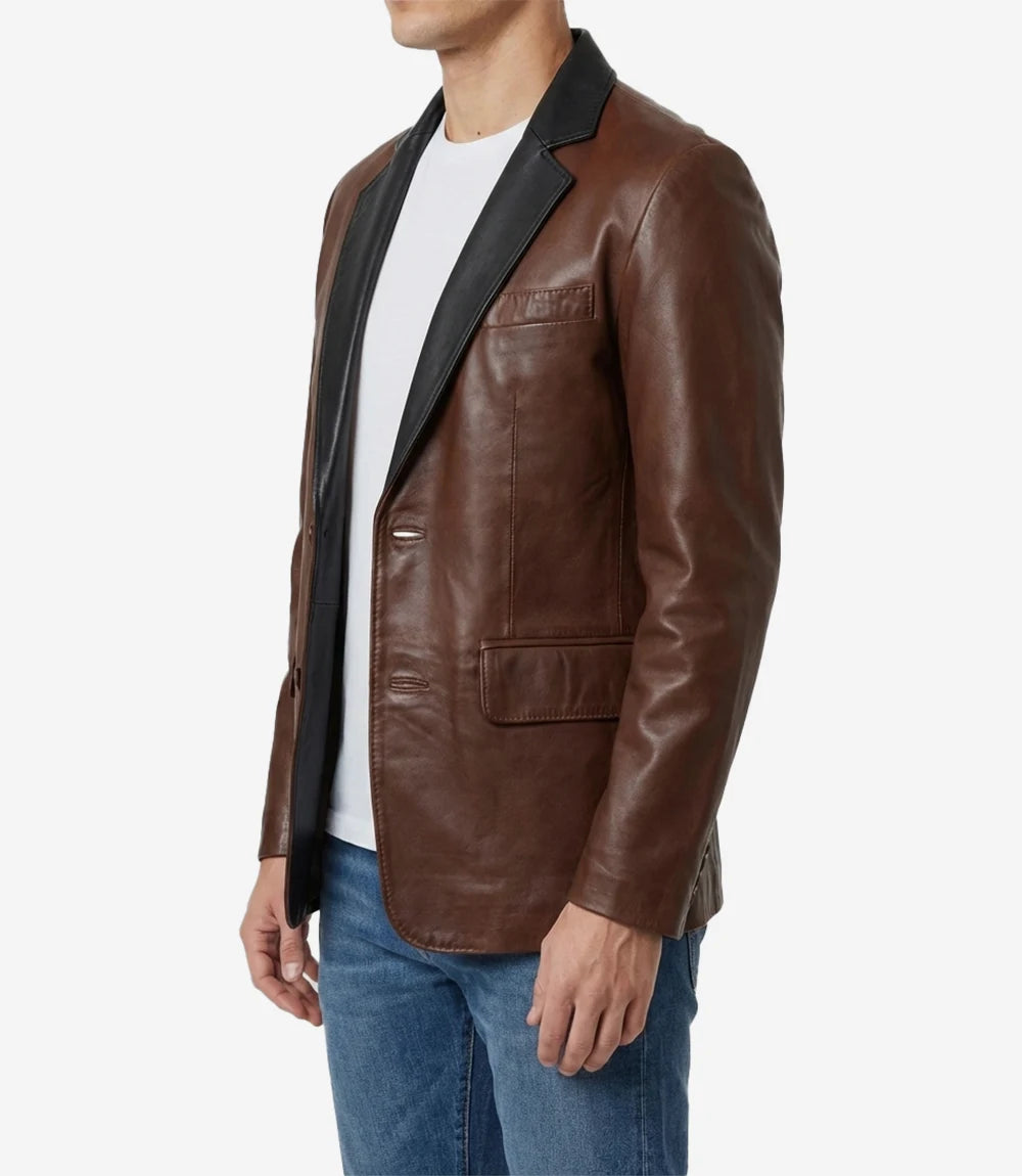 Men's Cognac Leather Blazer with Black Notch Lapel