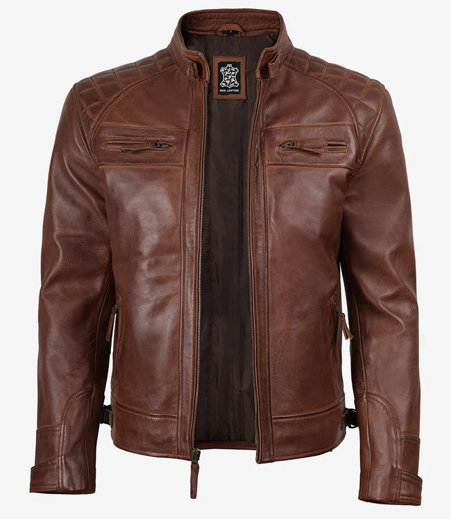 Veste en cuir matelassée style motard marron cognac pour homme