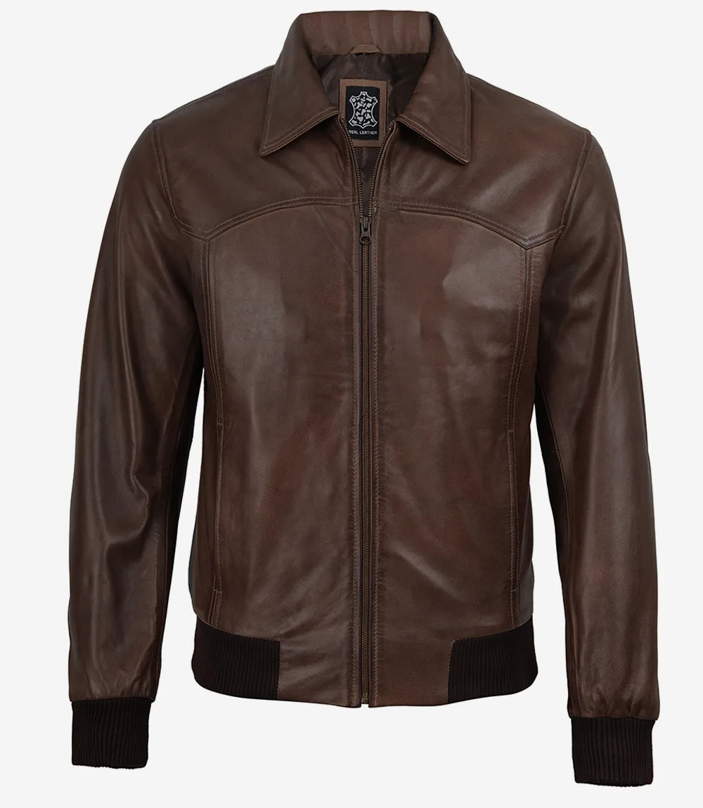 Mens Classic Dark Brown Leather Bomber Jacket