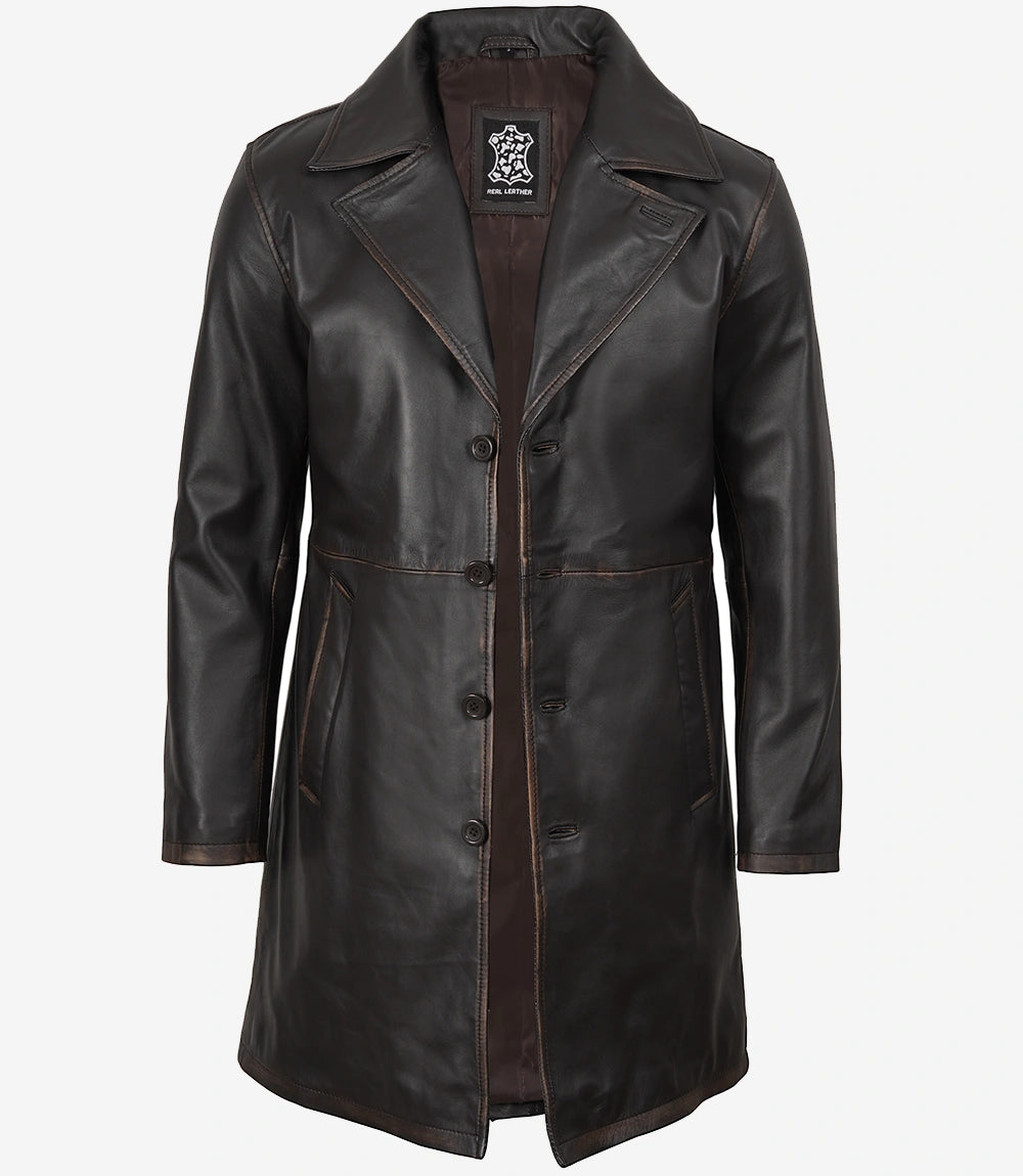 Manteau de voiture marron vieilli en cuir véritable pour homme