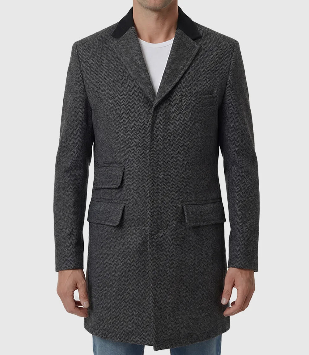 Grey Herringbone Wool Blend 3/4 Length Coat for Men