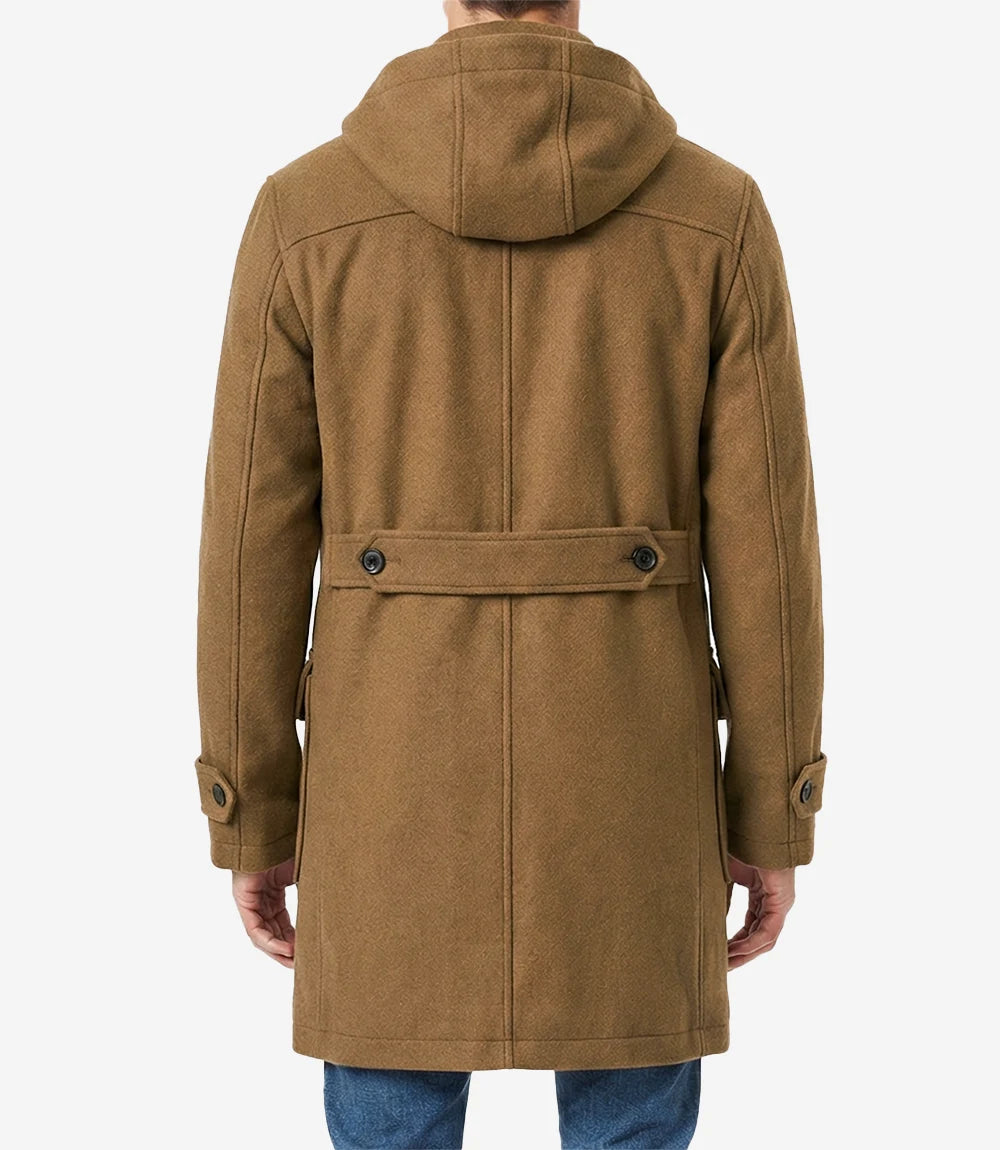 Mens Camel Brown Hooded Duffle Wool Coat