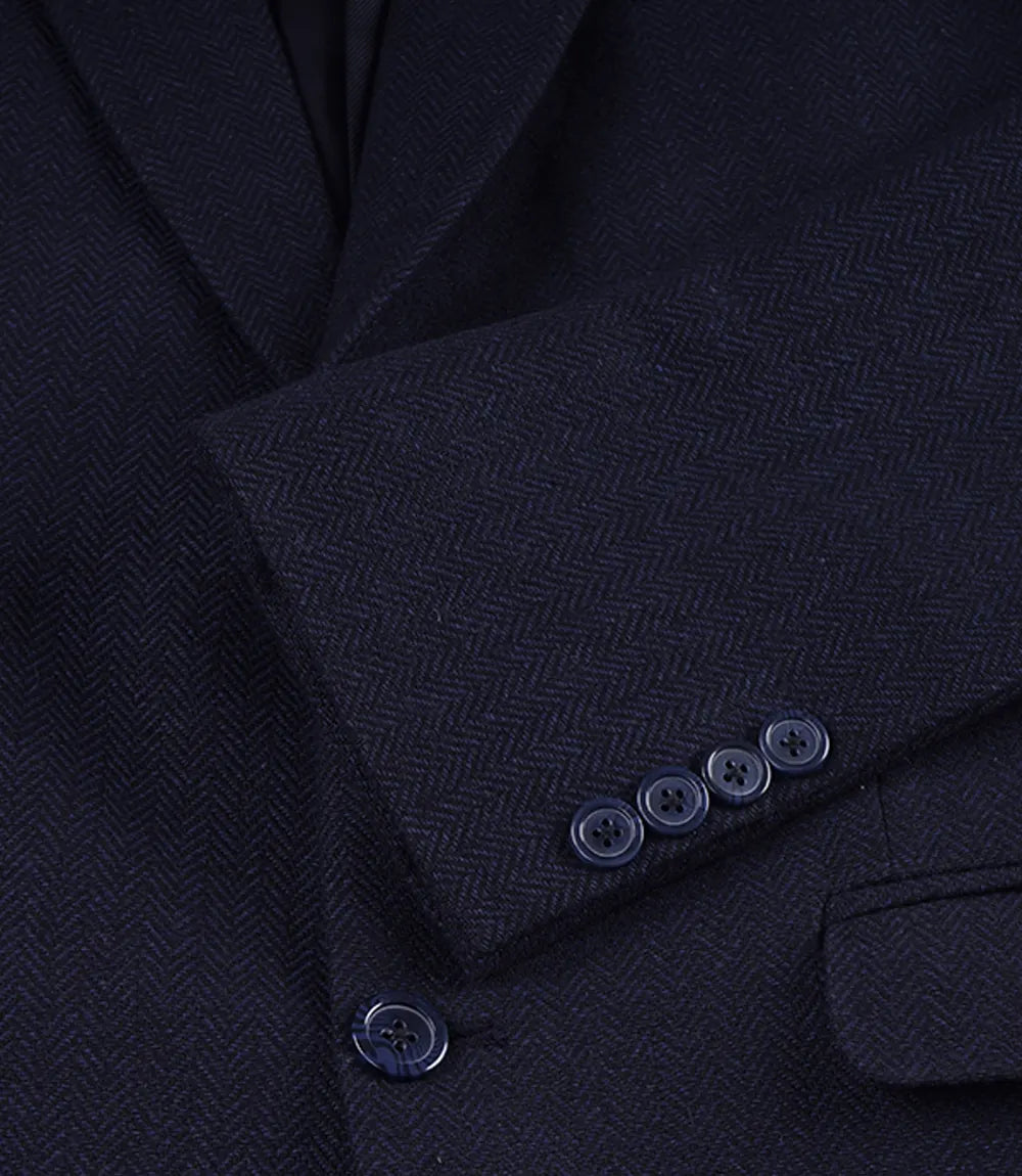 Mens Navy Blue Herringbone Wool Blend Blazer Jacket