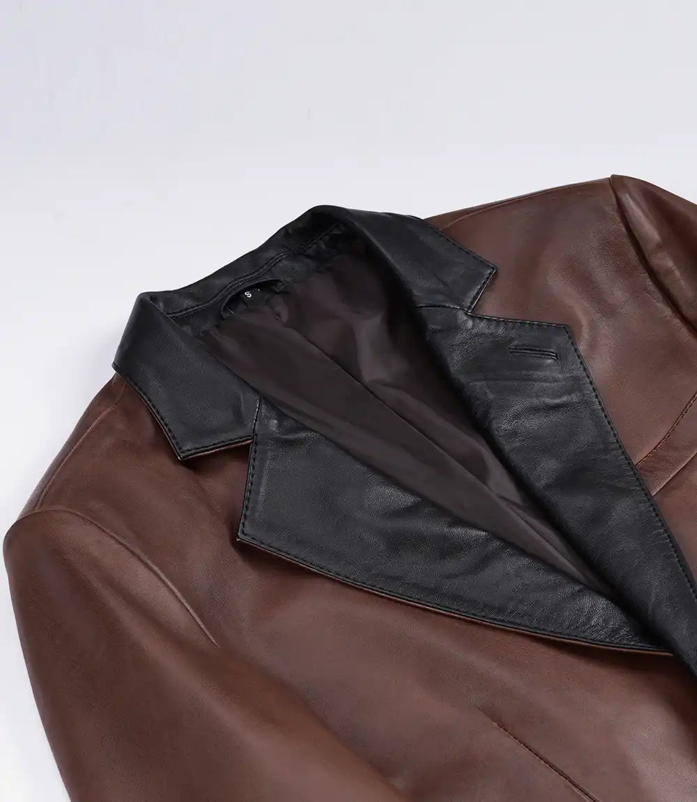 Men's Cognac Waxed Leather Blazer with Contrast Black Lapels