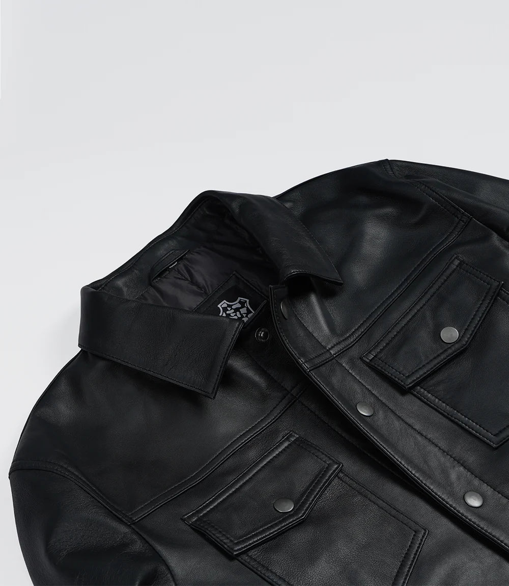 Men’s Premium Black Leather Shirt Jacket | Snap-Button Front