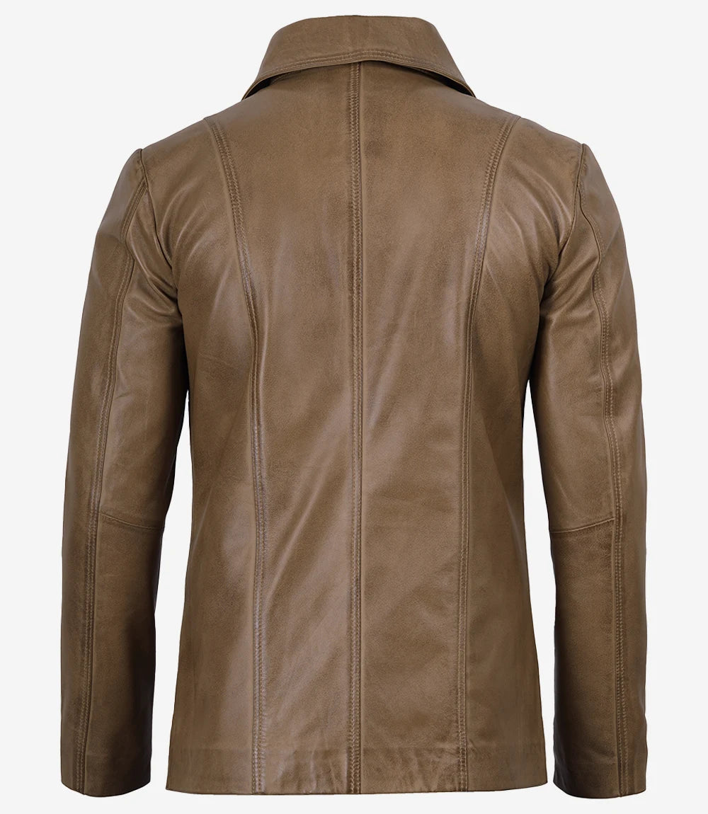 Men's Two-Button Camel Waxed Leather Blazer Jacket