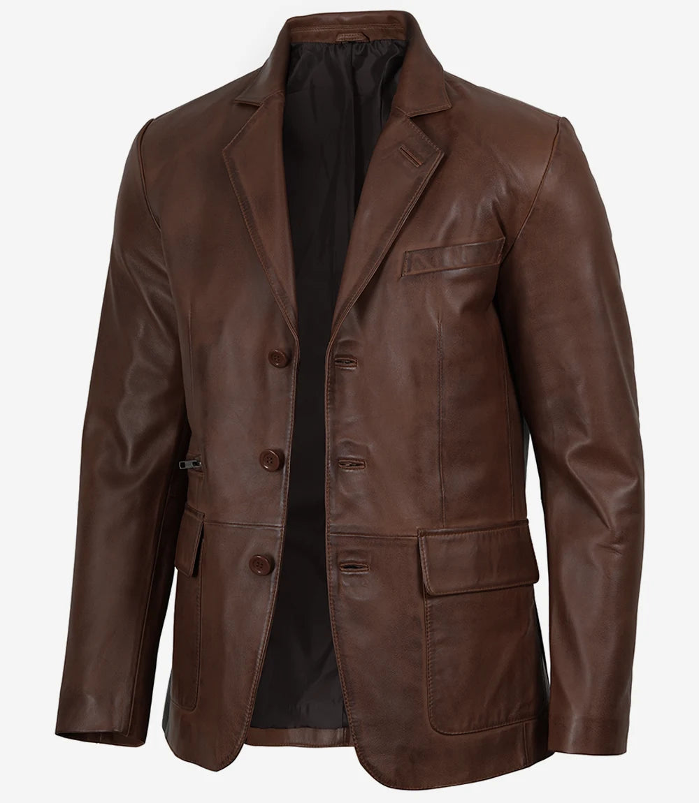 Mens Three Button Cognac Waxed Leather Blazer - Notch Lapel
