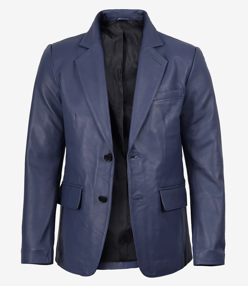 Men's Blue Leather Two-Button Closure Blazer Jacket