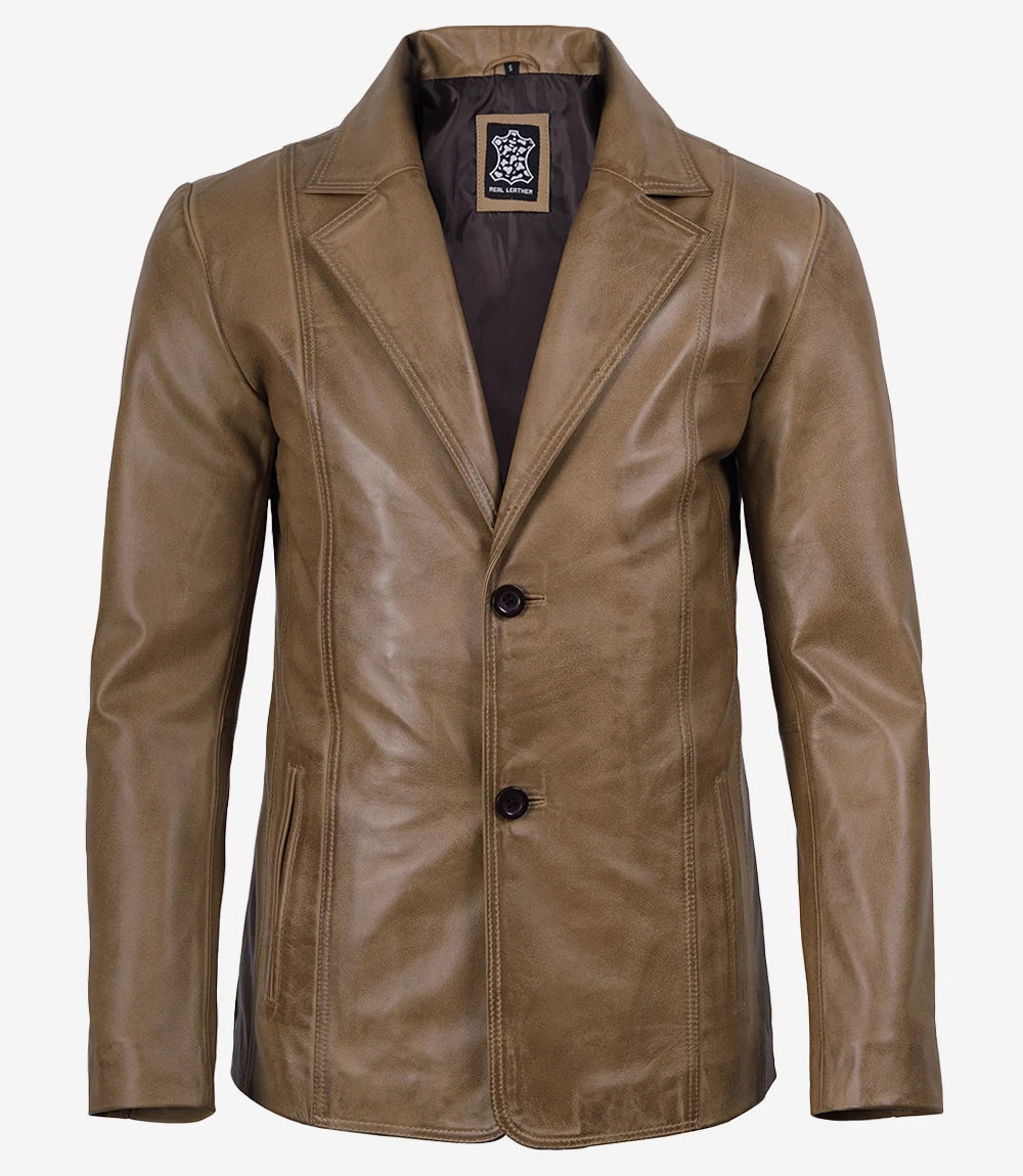 Men's Two-Button Camel Waxed Leather Blazer Jacket