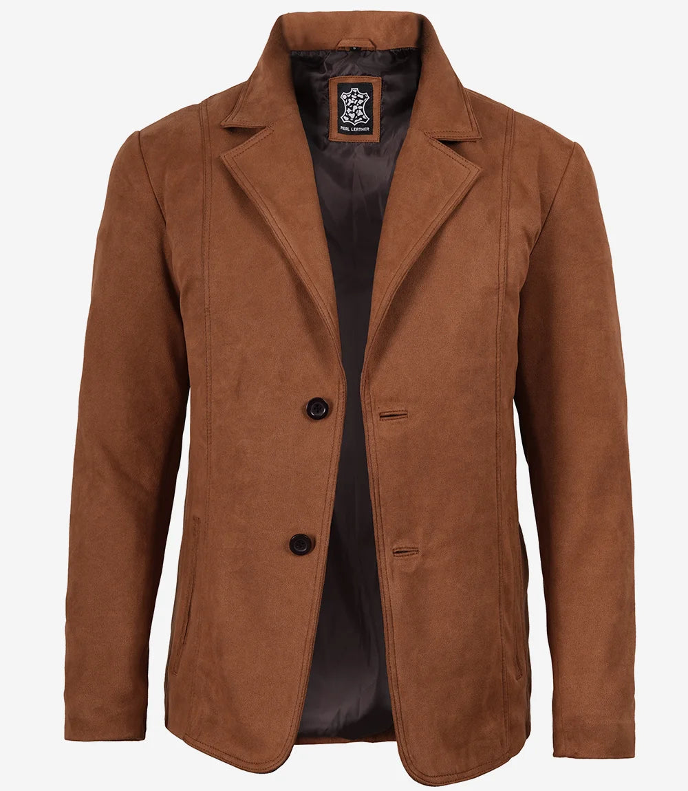 Men's Light Brown Faux Suede Two-Button Blazer Jacket