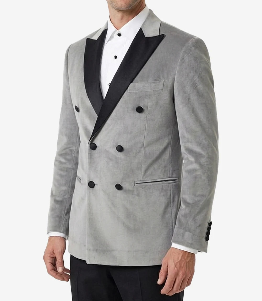 Men's Slate Grey Velvet Double Breasted Peak Lapel Tuxedo