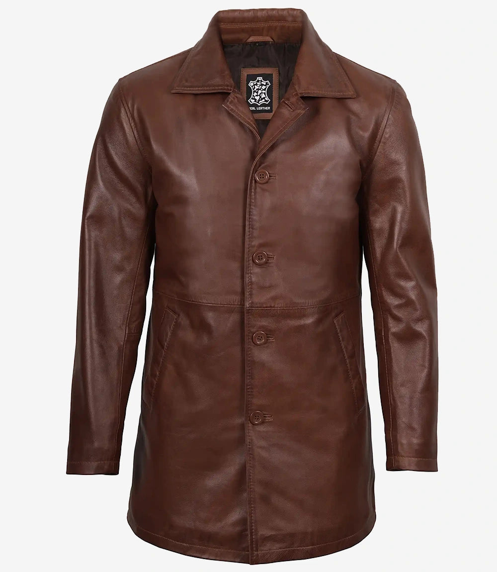 Manteau boutonné en cuir véritable pour homme, couleur cognac