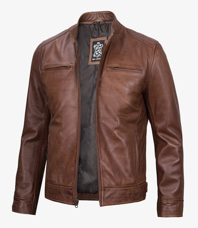 Veste en cuir style motard cognac pour homme