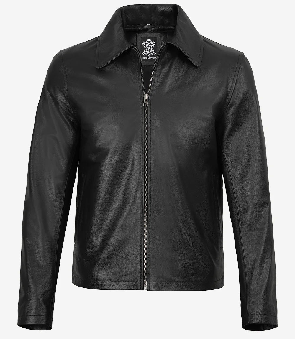 Mens Black Shirt Collar Leather Cowhide Jacket