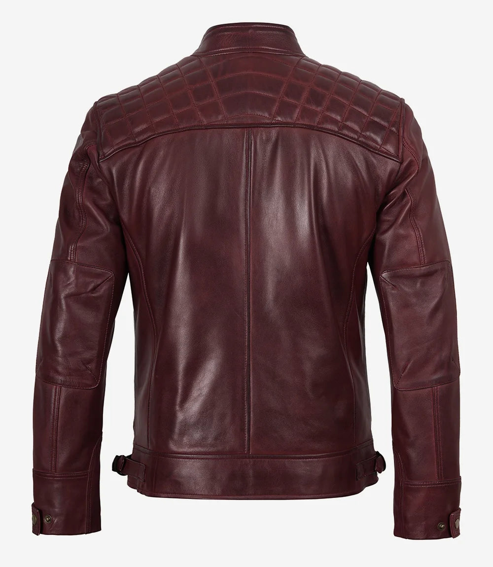Veste motard bordeaux en cuir véritable pour homme - Épaules matelassées