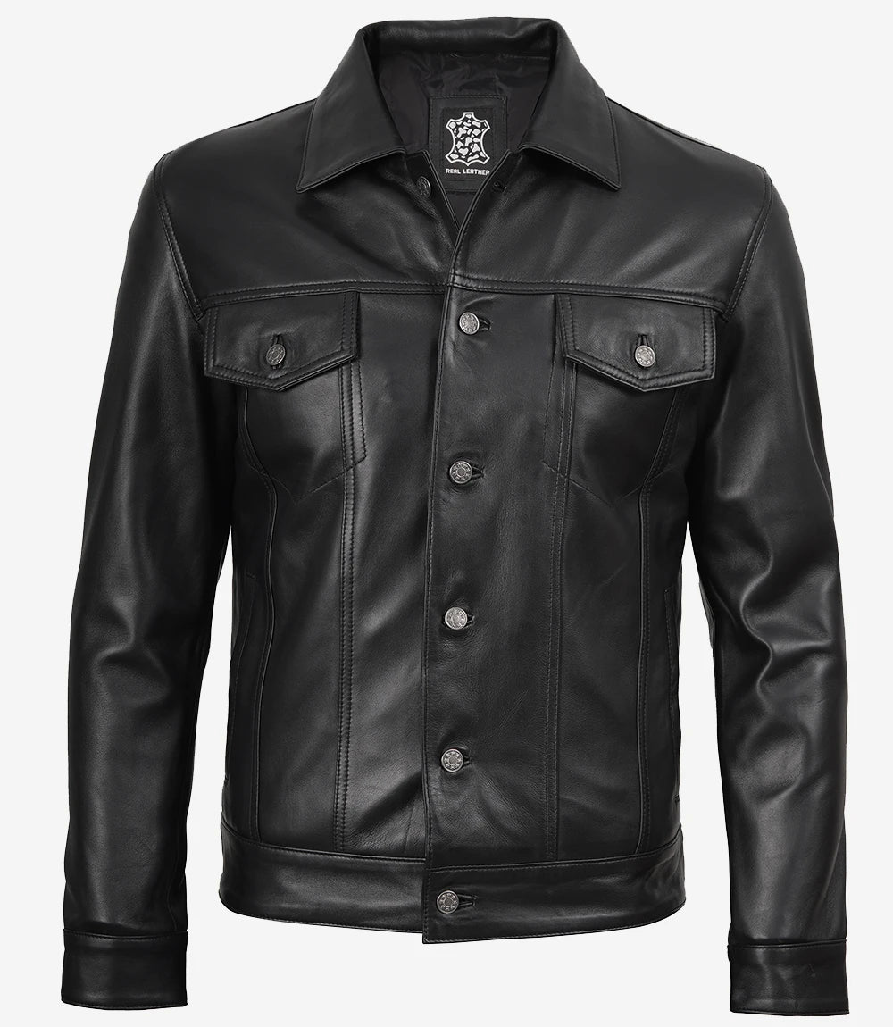 Veste de camionneur en cuir noir à quatre poches pour homme
