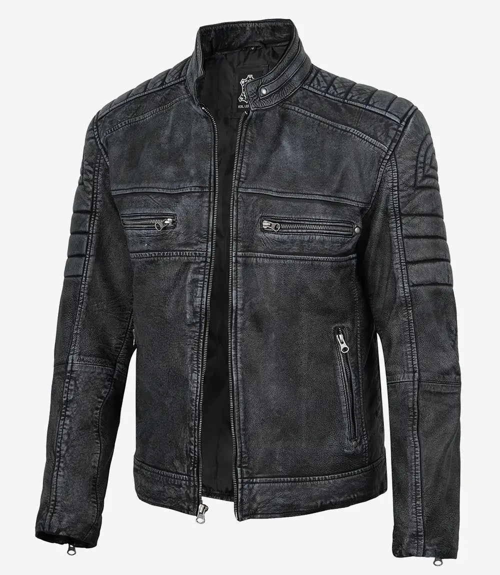 Veste de motard noire en cuir d'agneau véritable pour homme