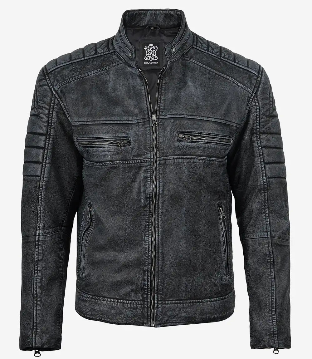 Veste de motard noire en cuir d'agneau véritable pour homme