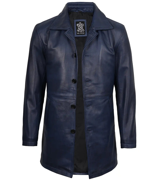 Manteau 3/4 en cuir ciré bleu pour homme