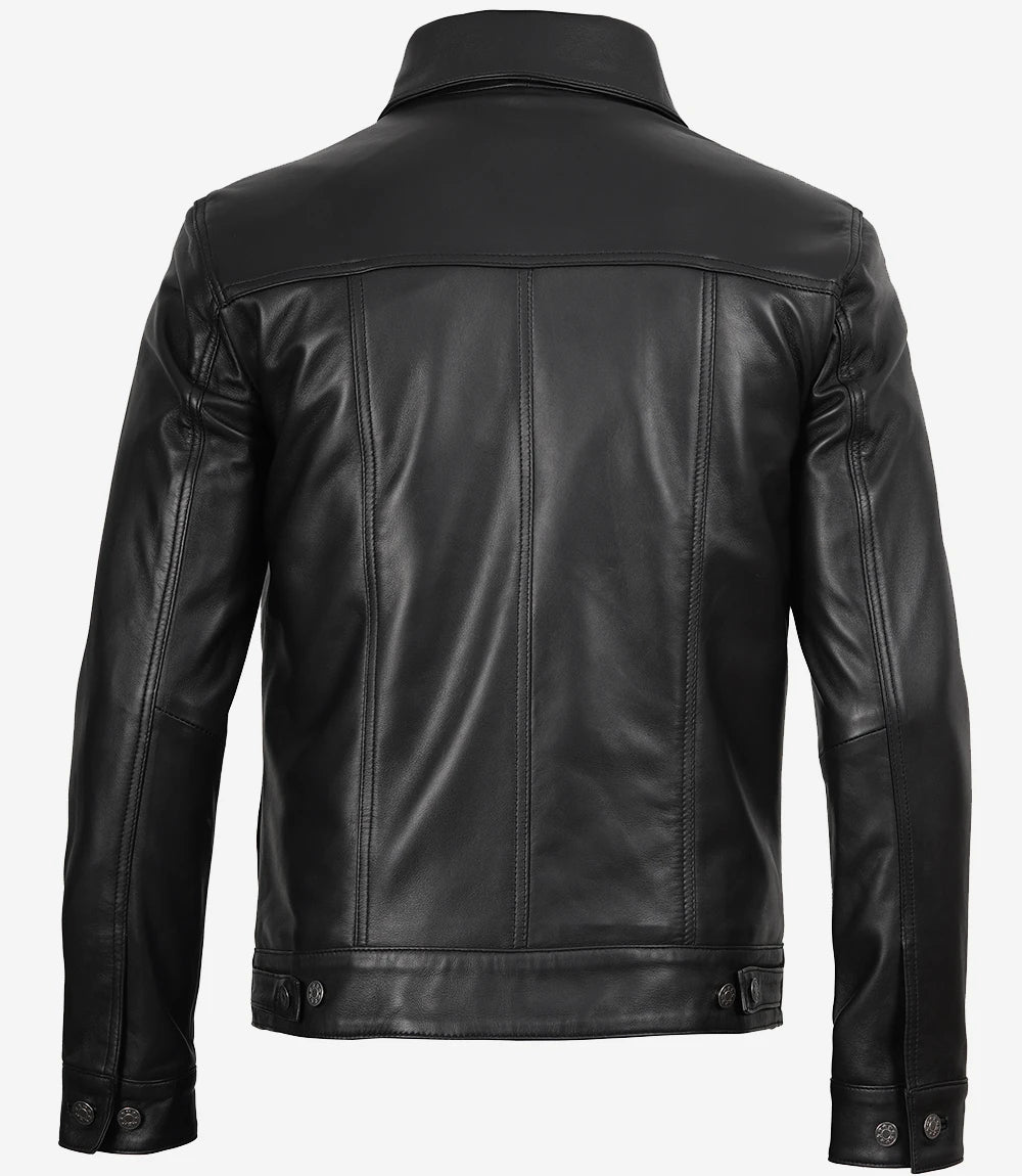Veste de camionneur en cuir noir à quatre poches pour homme