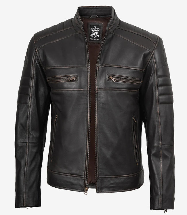 Veste motard marron vieillie en cuir véritable pour homme