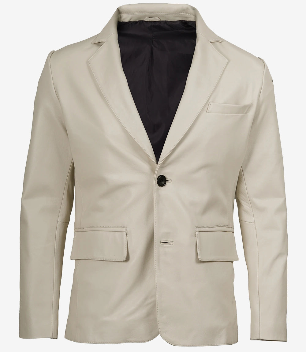 Blazer en cuir blanc cassé à deux boutons avec revers crantés pour homme