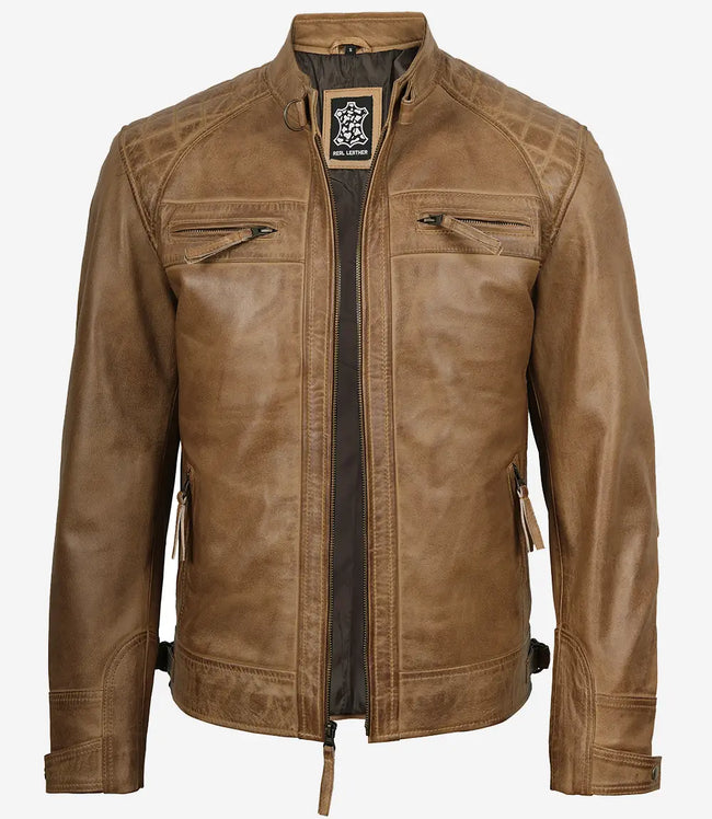 Veste en cuir marron camel style motard pour homme avec épaules matelassées