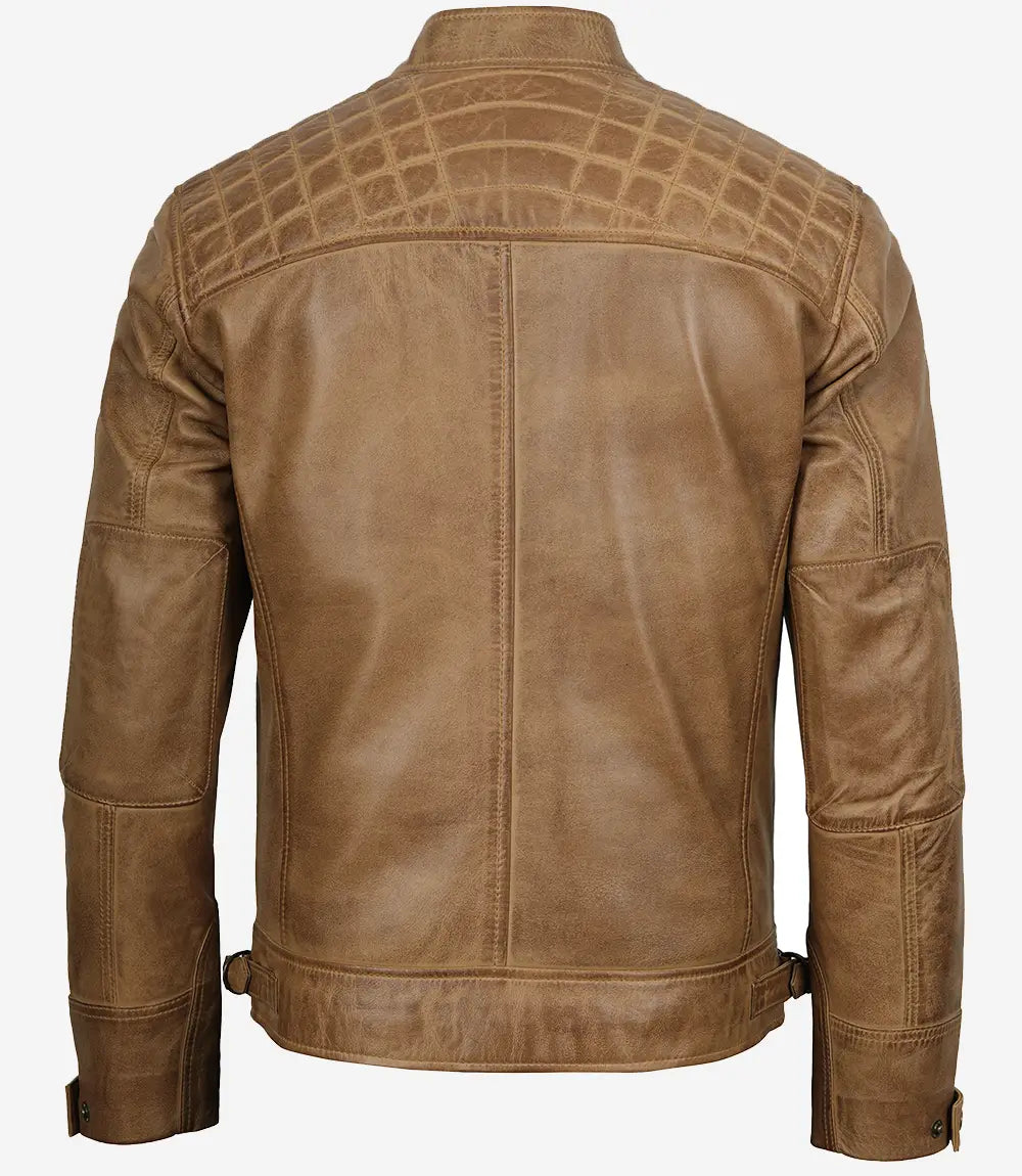 Veste en cuir marron camel style motard pour homme avec épaules matelassées