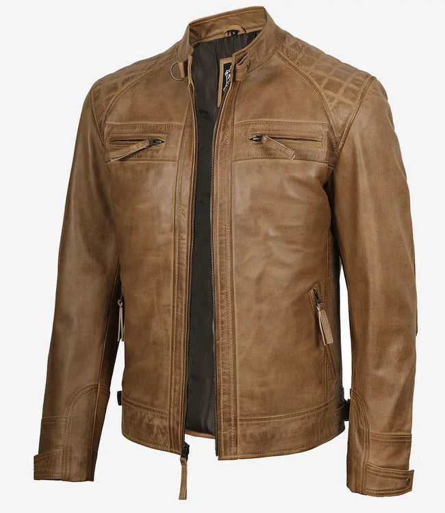 Veste en cuir marron camel style motard pour homme avec épaules matelassées