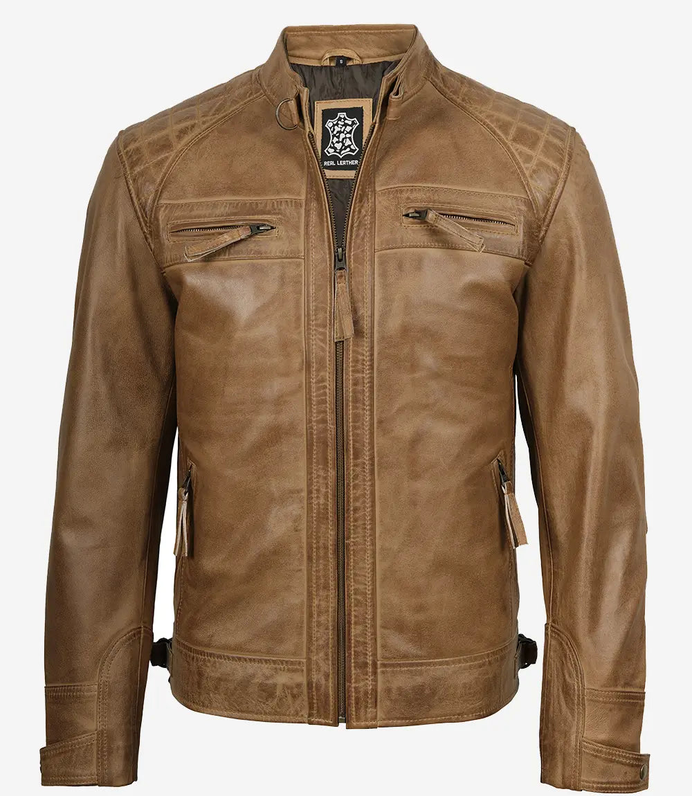 Veste en cuir marron camel style motard pour homme avec épaules matelassées