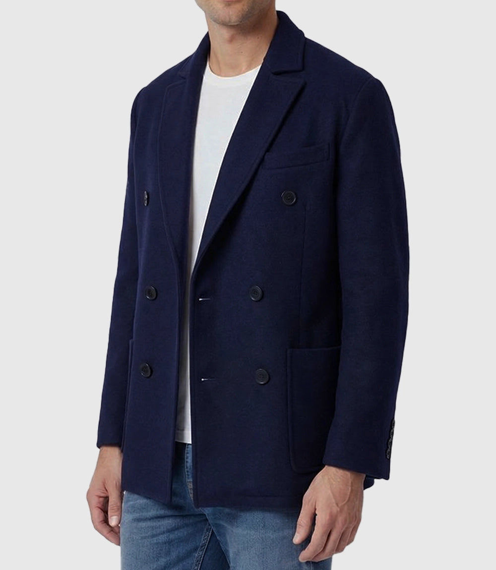 Mens Navy Blue Double Breasted Wool Blend Blazer