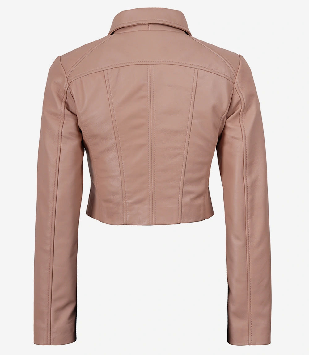 Marsha Women's Cropped Pink Leather Jacket with Shirt Collar