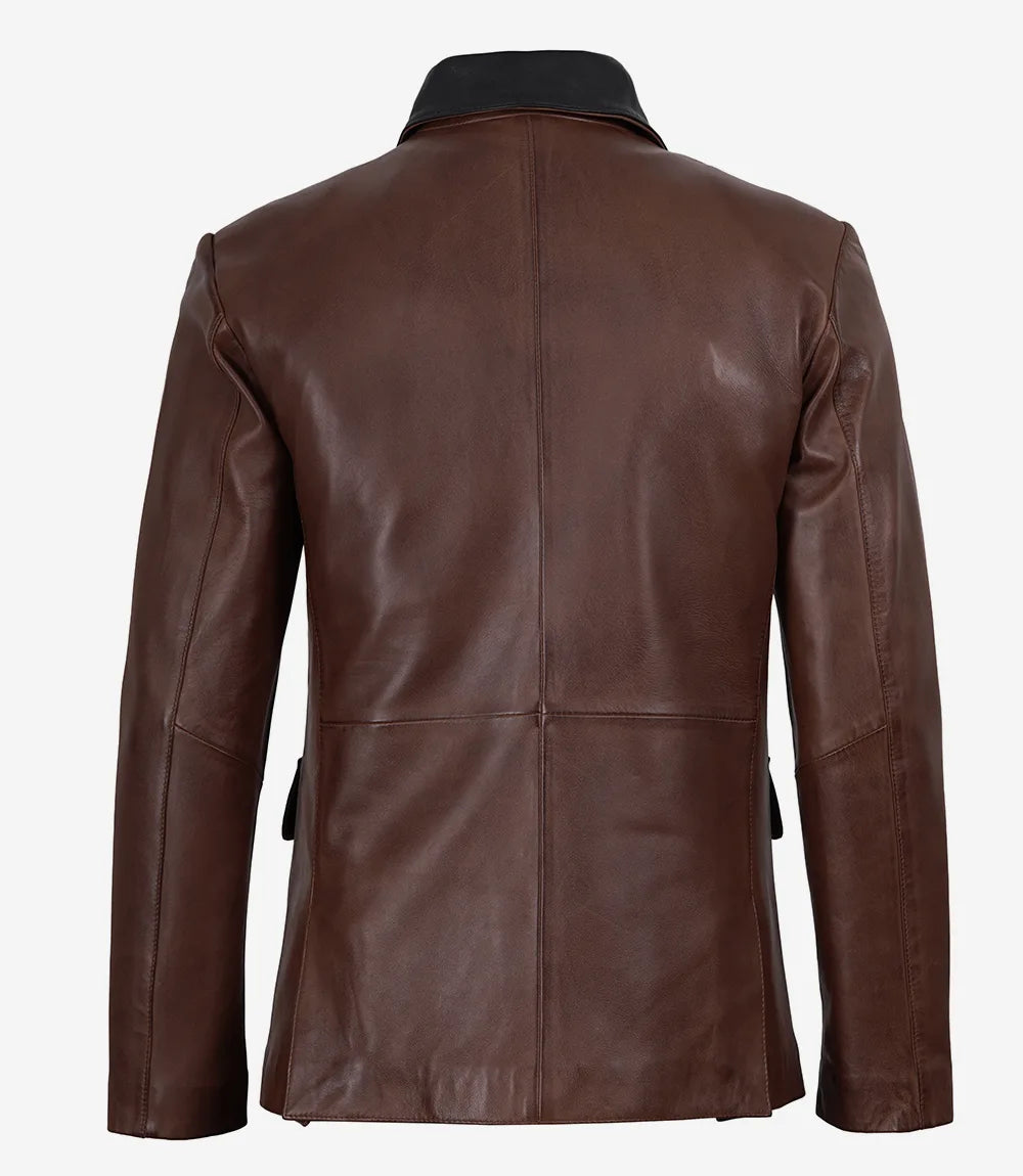 Men's 3 Button Cognac Waxed Leather Blazer with Black Lapels